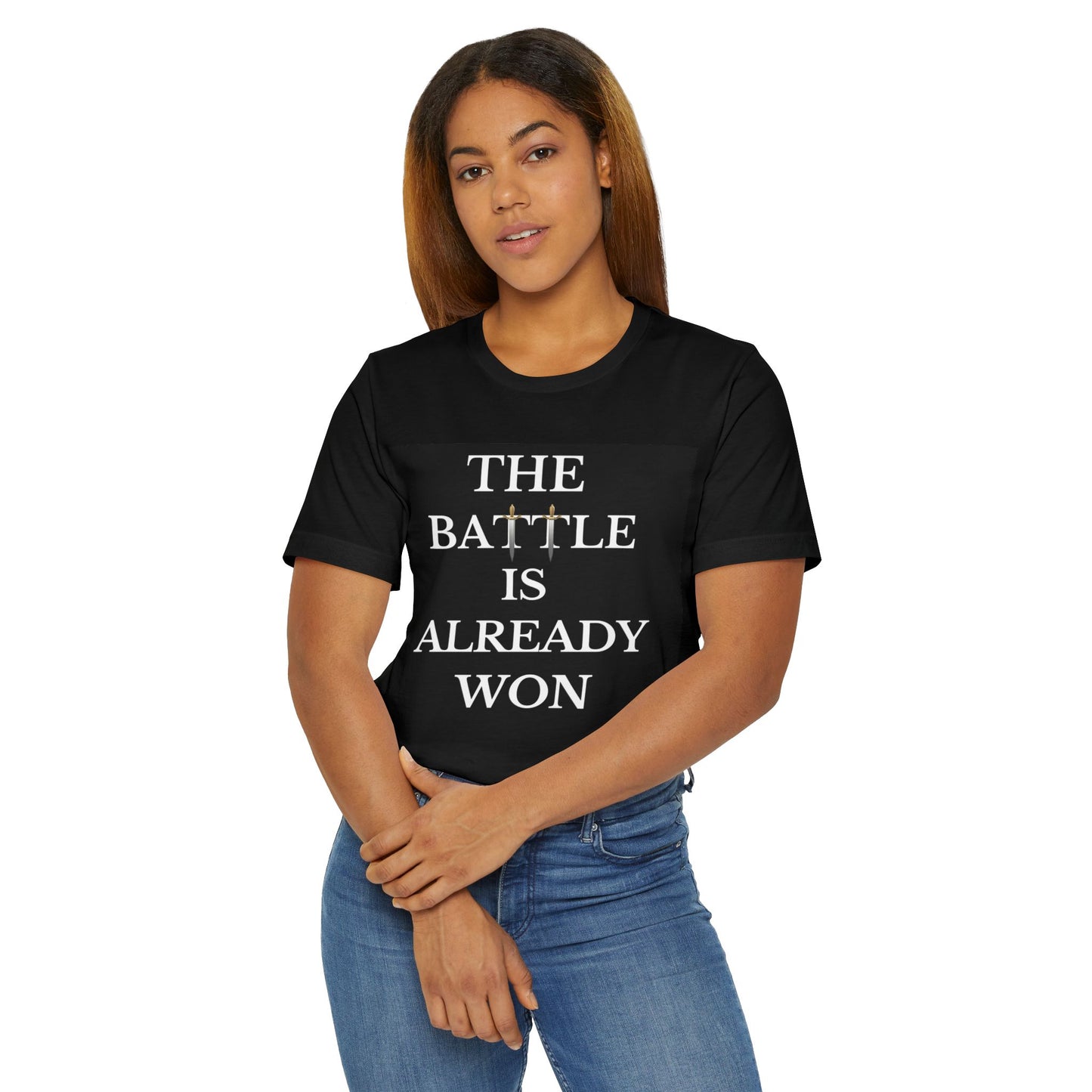 Motivational Black Jersey Knit T-Shirt'The Battle Is Already Won'