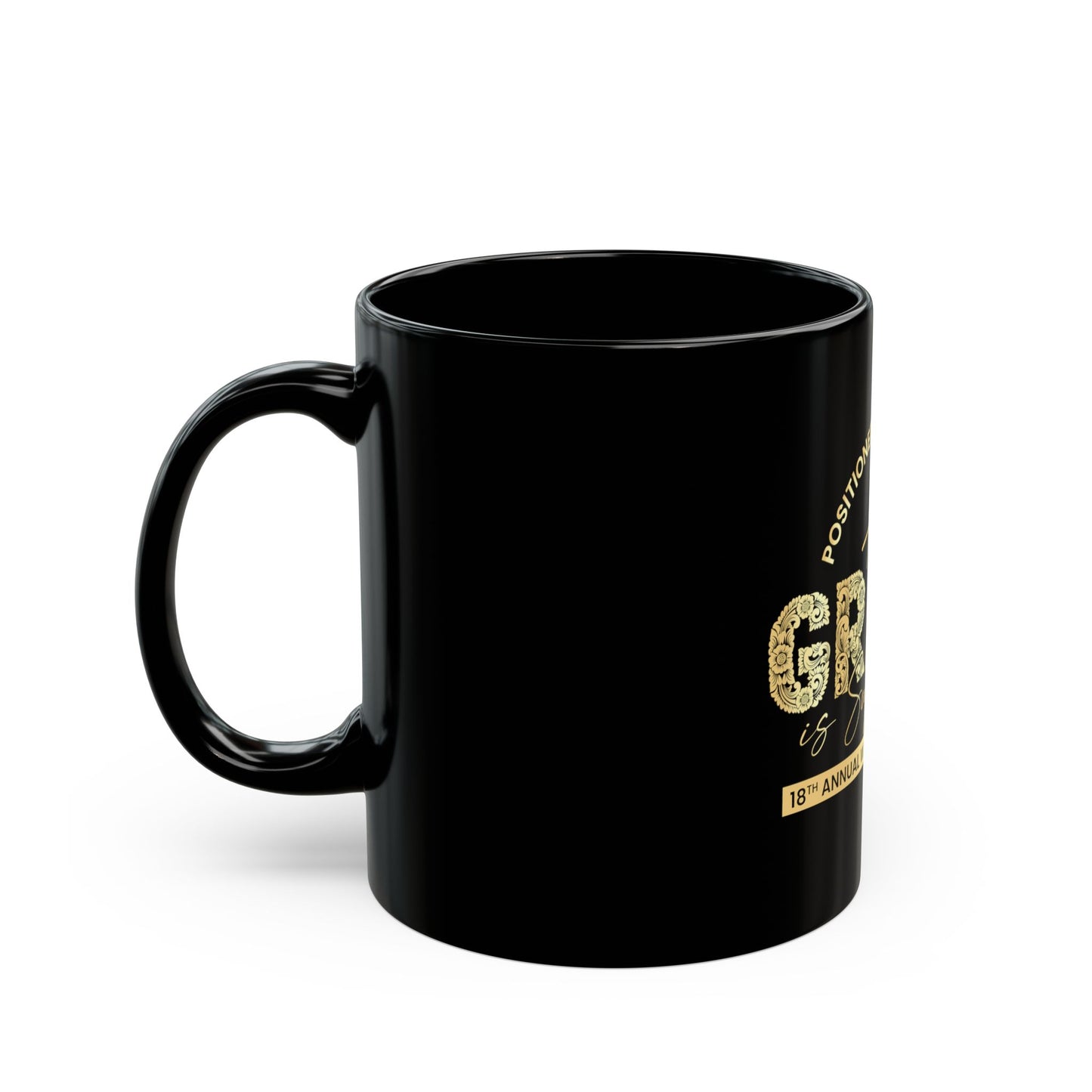 Inspirational Grace Coffee Mug — "His Grace Is Sufficient" Black Ceramic