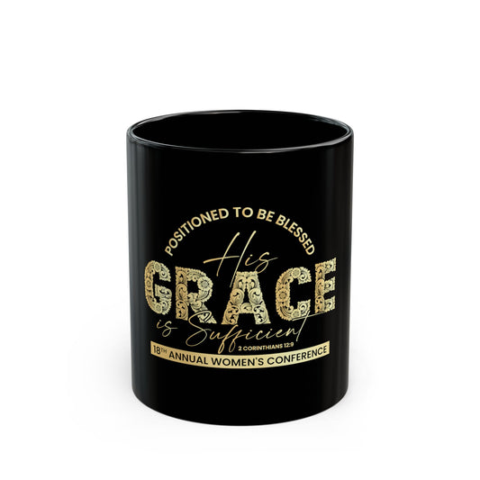 Inspirational Grace Coffee Mug — "His Grace Is Sufficient" Black Ceramic